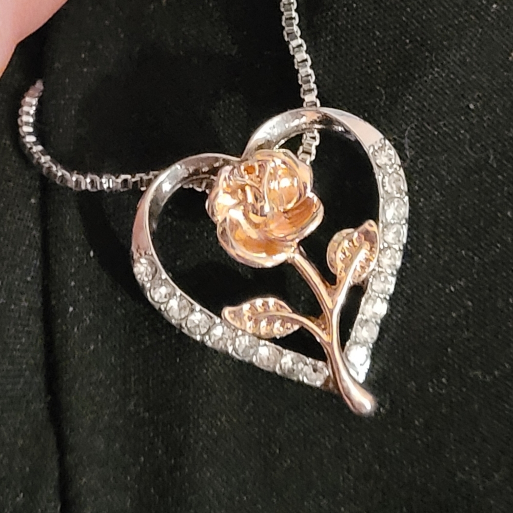 Rose Gold and Silver Tone Rose Heart Necklace
